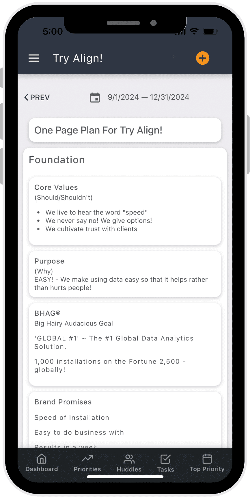 The Align mobile app showing the One Page Strategic Plan