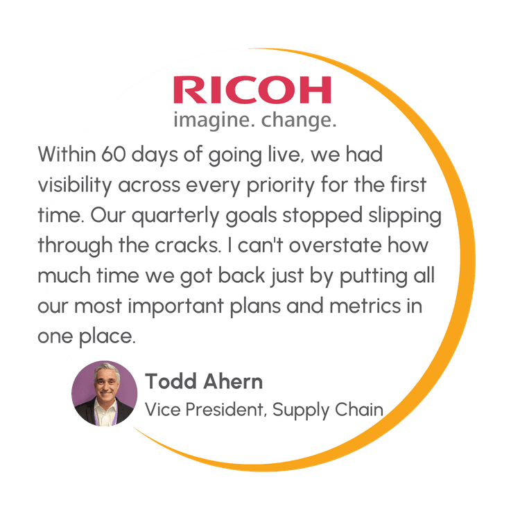 Ricoh service testimonial: Within 60 days of going live, we had visibility across every priority for the first time. Todd Ahern, Vice President, Supply Chain.