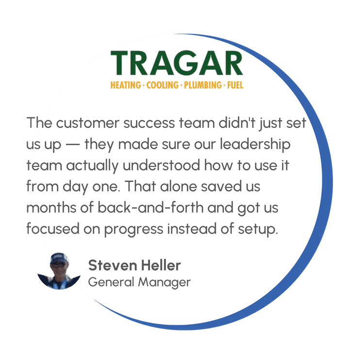 Tragar service testimonial: The customer success team didn't just set us up - they made sure our leadership team actually understood how to use it from day one. Steven Heller, General Manager.